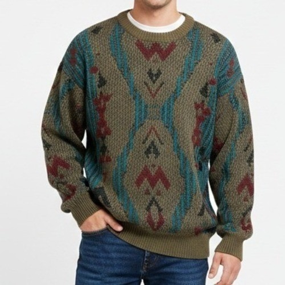 Zeppelin Sweater Mens XL Olive Green Southwestern Geometric Boho Vintage 90s